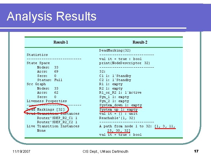 Analysis Result-1 Statistics -------------State Space Nodes: 33 Arcs: 69 Secs: 0 Status: Full Scc