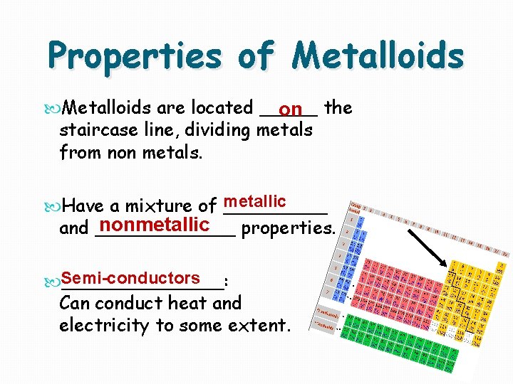 Properties of Metalloids are located _____ on the staircase line, dividing metals from non