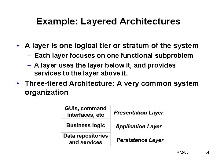 Example: Layered Architectures • A layer is one logical tier or stratum of the