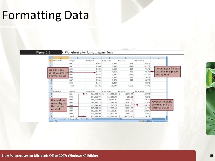 Formatting Data New Perspectives on Microsoft Office 2007: Windows XP Edition XP 10 