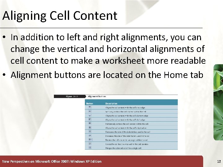 Aligning Cell Content XP • In addition to left and right alignments, you can