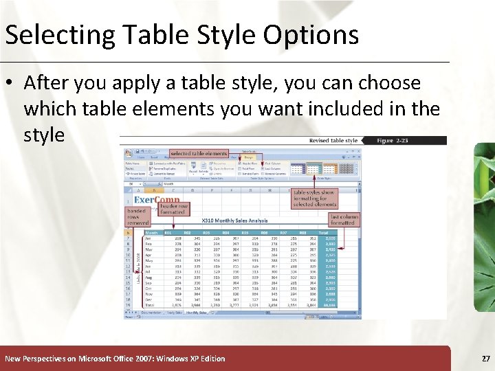Selecting Table Style Options XP • After you apply a table style, you can