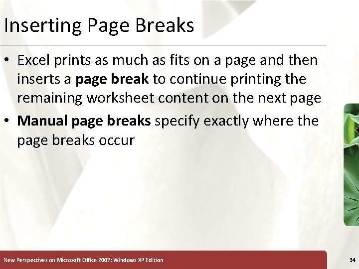 Inserting Page Breaks XP • Excel prints as much as fits on a page