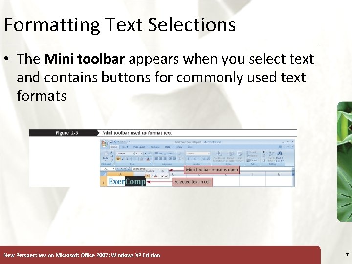 Formatting Text Selections XP • The Mini toolbar appears when you select text and