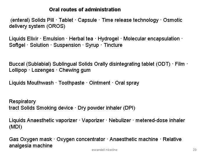 Oral routes of administration (enteral) Solids Pill · Tablet · Capsule · Time release