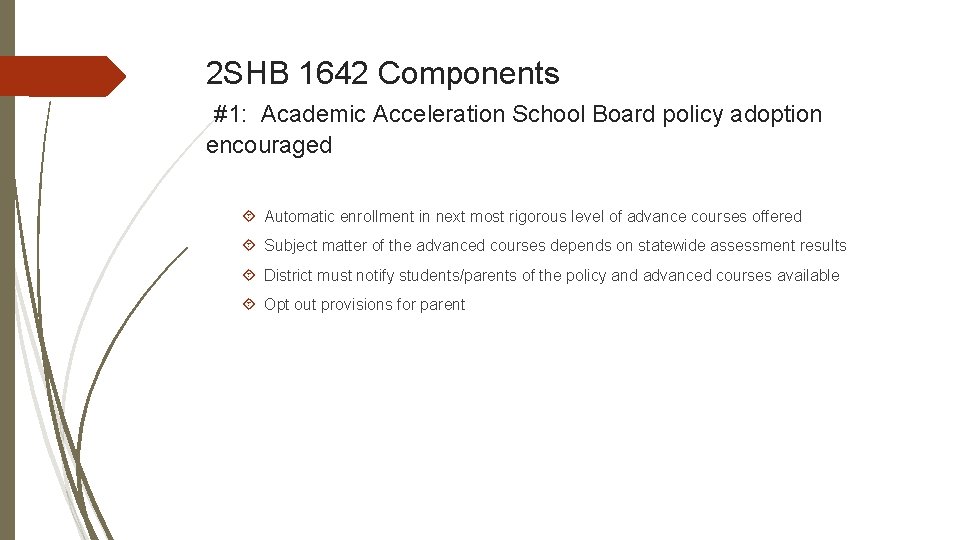 2 SHB 1642 Components #1: Academic Acceleration School Board policy adoption encouraged Automatic enrollment