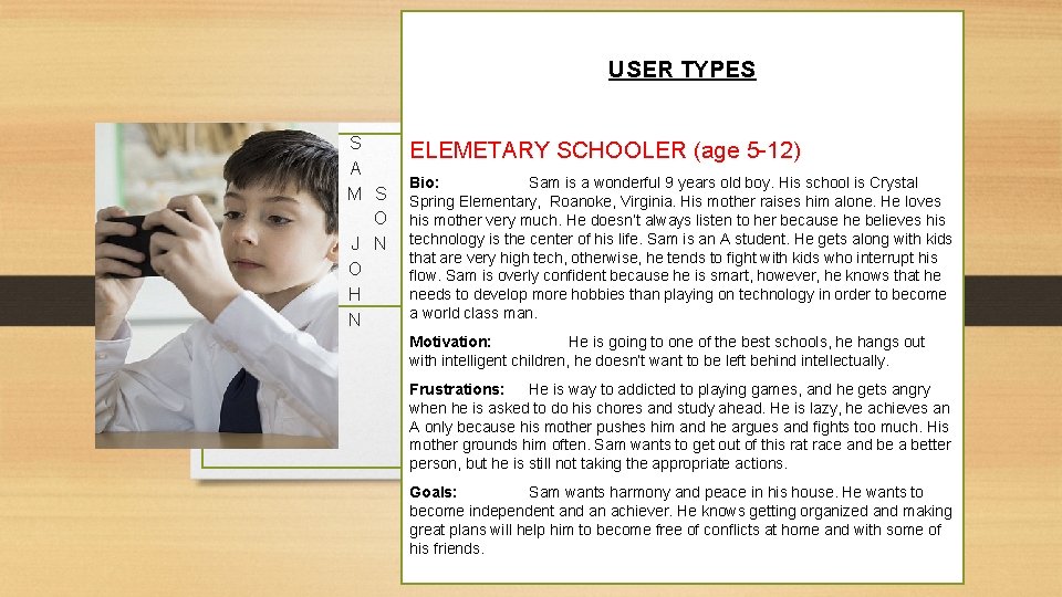 USER TYPES S A M S O J N O H N ELEMETARY SCHOOLER