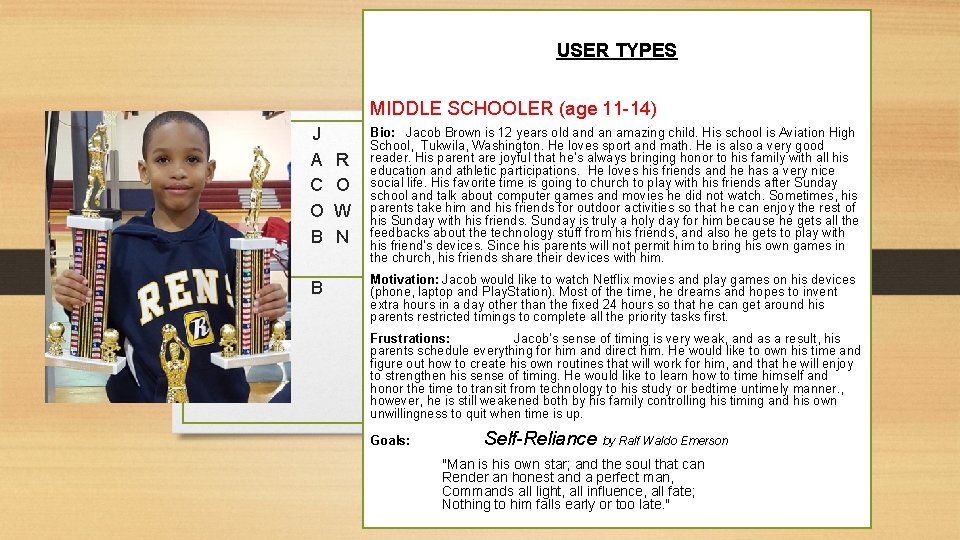 USER TYPES MIDDLE SCHOOLER (age 11 -14) J A C O B B R