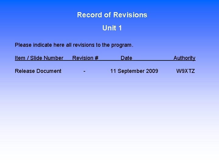Record of Revisions Unit 1 Please indicate here all revisions to the program. Item