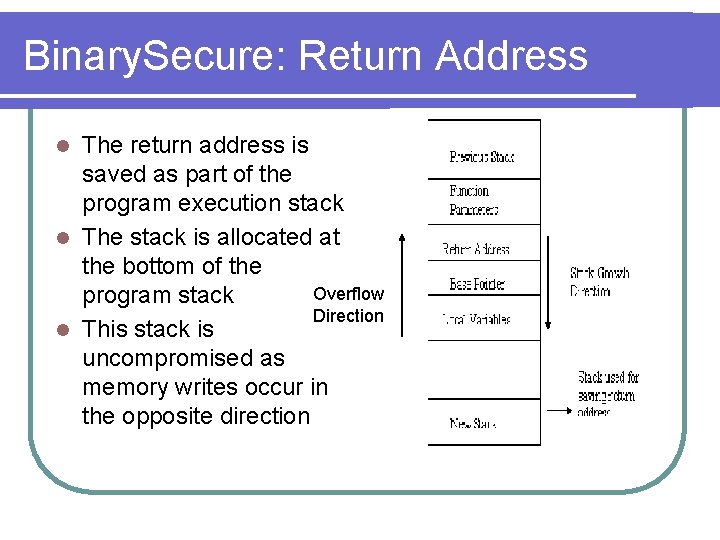 Binary. Secure: Return Address The return address is saved as part of the program