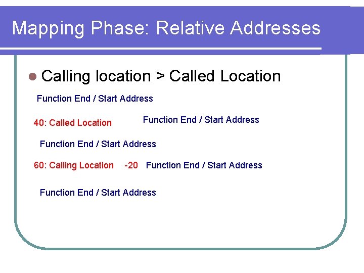 Mapping Phase: Relative Addresses l Calling location > Called Location Function End / Start