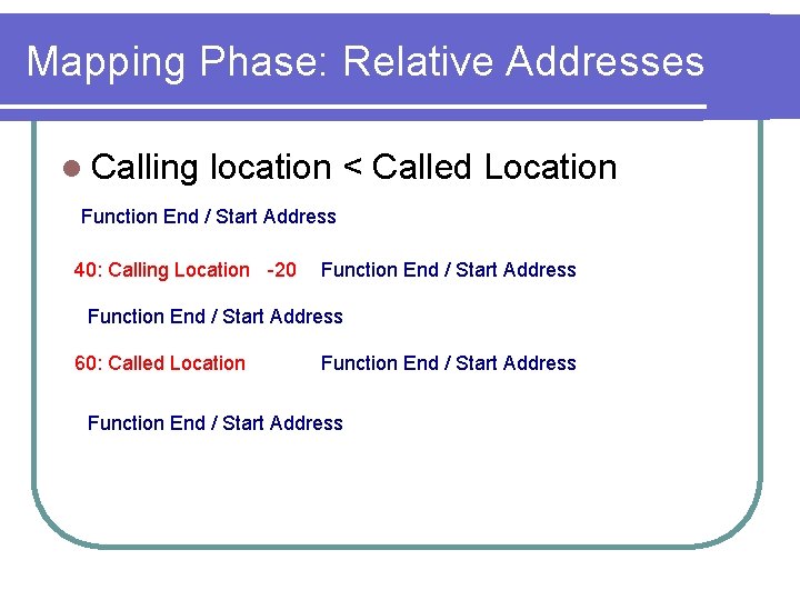 Mapping Phase: Relative Addresses l Calling location < Called Location Function End / Start