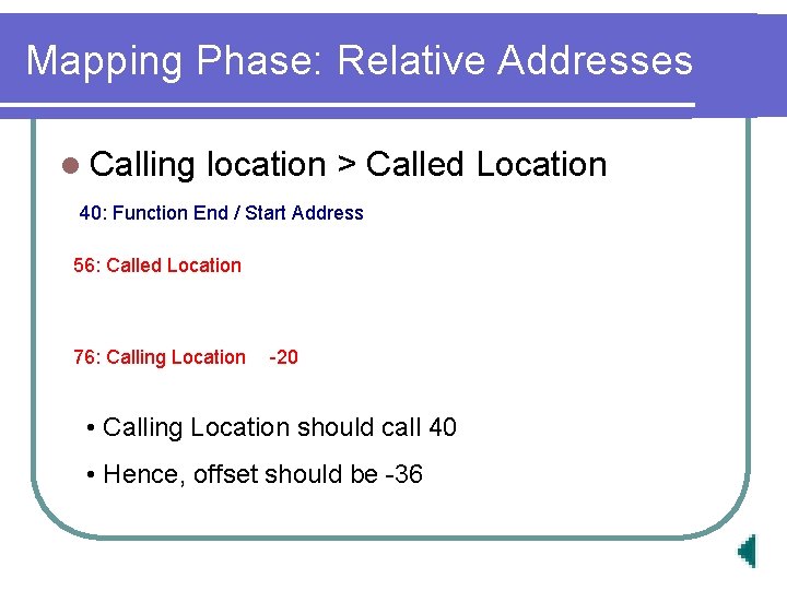 Mapping Phase: Relative Addresses l Calling location > Called Location 40: Function End /