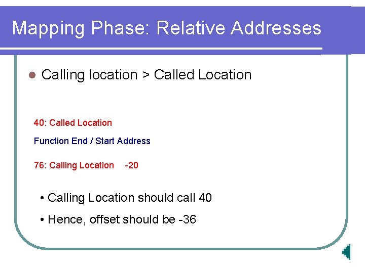 Mapping Phase: Relative Addresses l Calling location > Called Location 40: Called Location Function