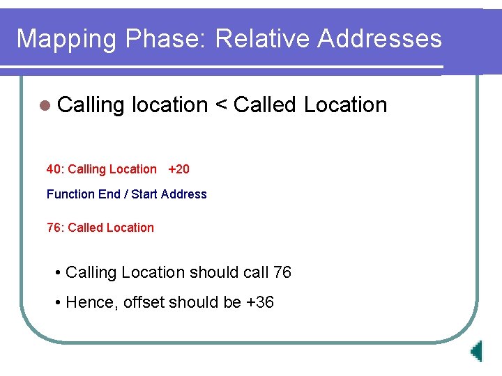 Mapping Phase: Relative Addresses l Calling location < Called Location 40: Calling Location +20