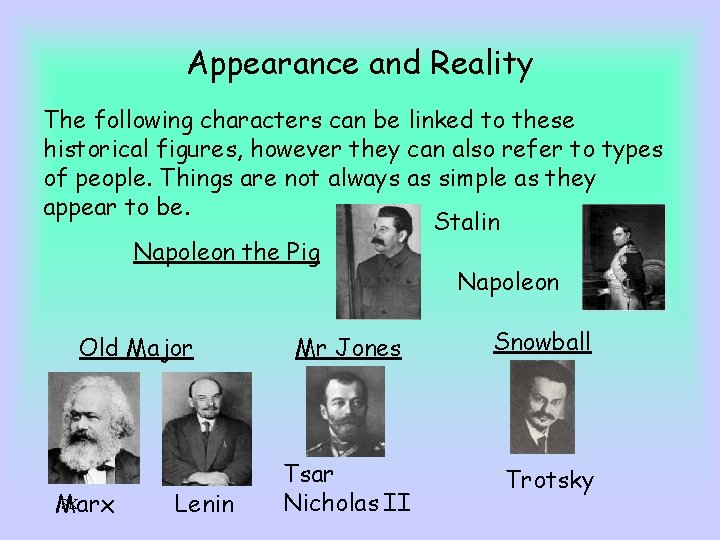 Appearance and Reality The following characters can be linked to these historical figures, however