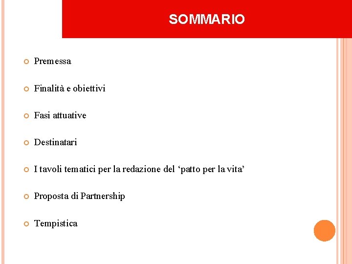 SOMMARIO Premessa Finalità e obiettivi Fasi attuative Destinatari I tavoli tematici per la redazione