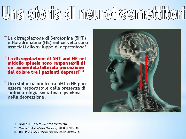 * La disregolazione di Serotonina (5 HT) e Noradrenalina (NE) nel cervello sono associati