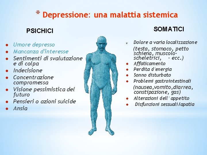 * Depressione: una malattia sistemica SOMATICI PSICHICI l l l l Umore depresso Mancanza