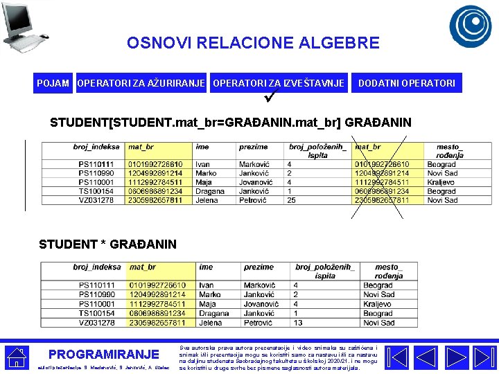 OSNOVI RELACIONE ALGEBRE POJAM OPERATORI ZA AŽURIRANJE OPERATORI ZA IZVEŠTAVNJE ü DODATNI OPERATORI STUDENT[STUDENT.