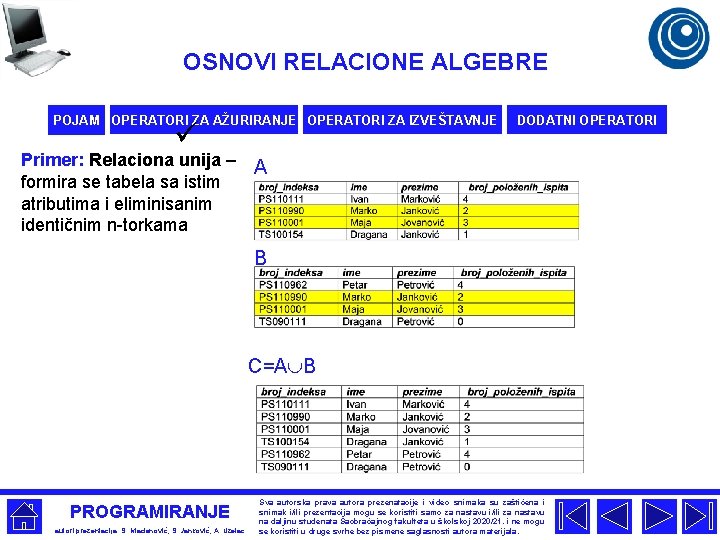 OSNOVI RELACIONE ALGEBRE POJAM OPERATORI ZA AŽURIRANJE OPERATORI ZA IZVEŠTAVNJE ü DODATNI OPERATORI Primer: