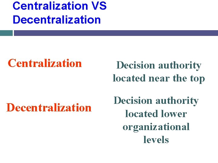 Centralization VS Decentralization Centralization Decision authority located near the top Decision authority located lower