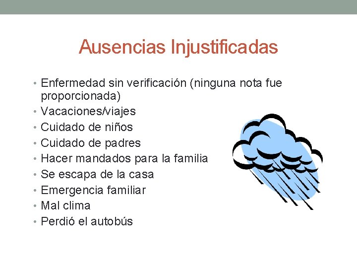 Ausencias Injustificadas • Enfermedad sin verificación (ninguna nota fue proporcionada) • Vacaciones/viajes • Cuidado