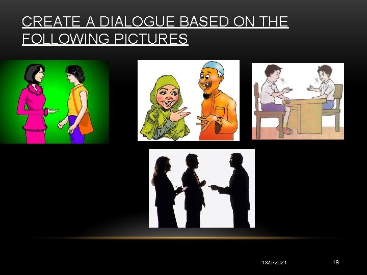 CREATE A DIALOGUE BASED ON THE FOLLOWING PICTURES 13/6/2021 19 