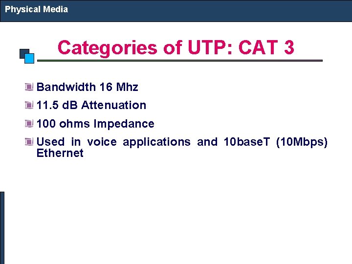 Physical Media Categories of UTP: CAT 3 Bandwidth 16 Mhz 11. 5 d. B
