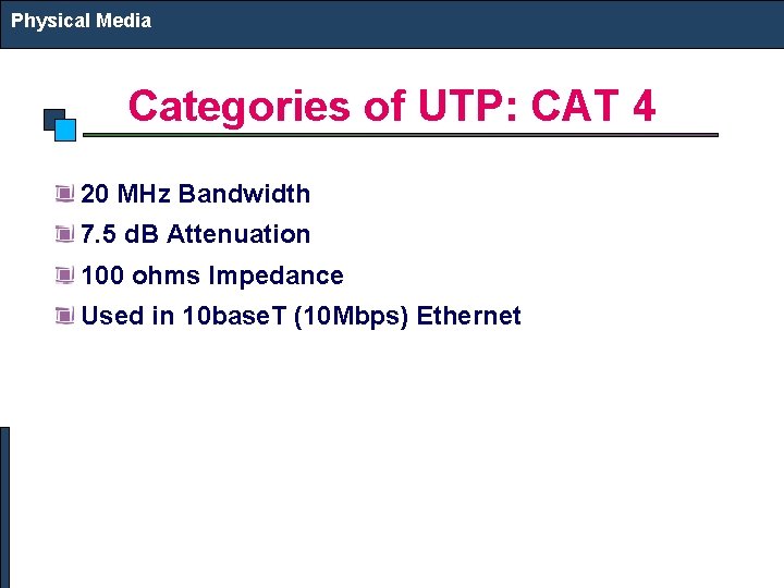 Physical Media Categories of UTP: CAT 4 20 MHz Bandwidth 7. 5 d. B