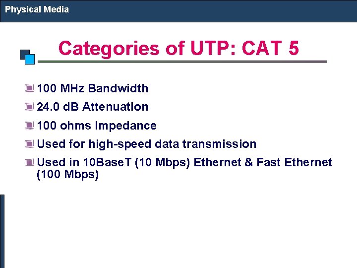 Physical Media Categories of UTP: CAT 5 100 MHz Bandwidth 24. 0 d. B