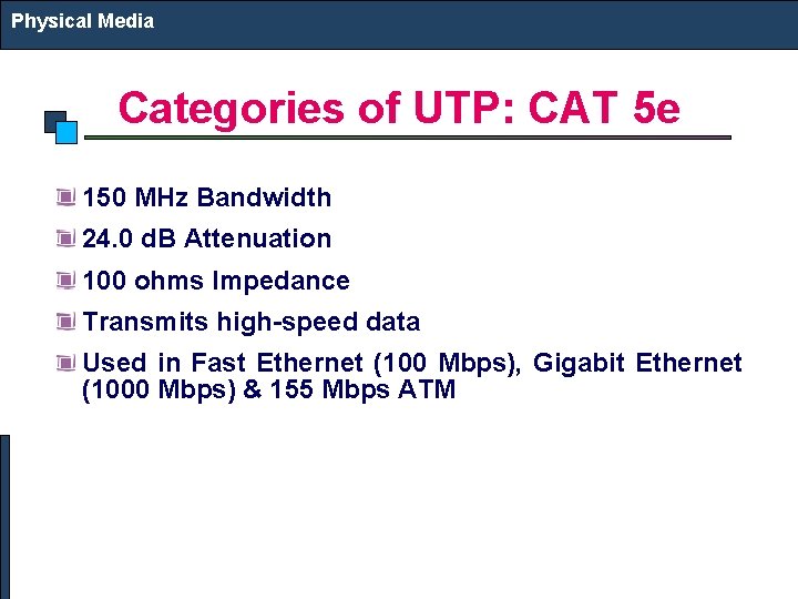 Physical Media Categories of UTP: CAT 5 e 150 MHz Bandwidth 24. 0 d.