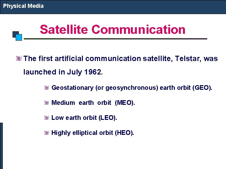 Physical Media Satellite Communication The first artificial communication satellite, Telstar, was launched in July