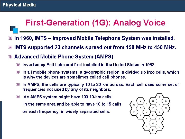 Physical Media First-Generation (1 G): Analog Voice In 1960, IMTS – Improved Mobile Telephone