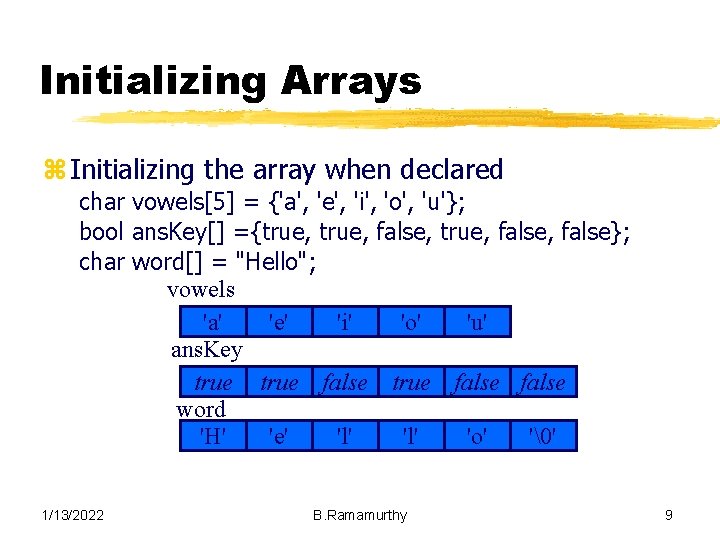 Initializing Arrays z Initializing the array when declared char vowels[5] = {'a', 'e', 'i',