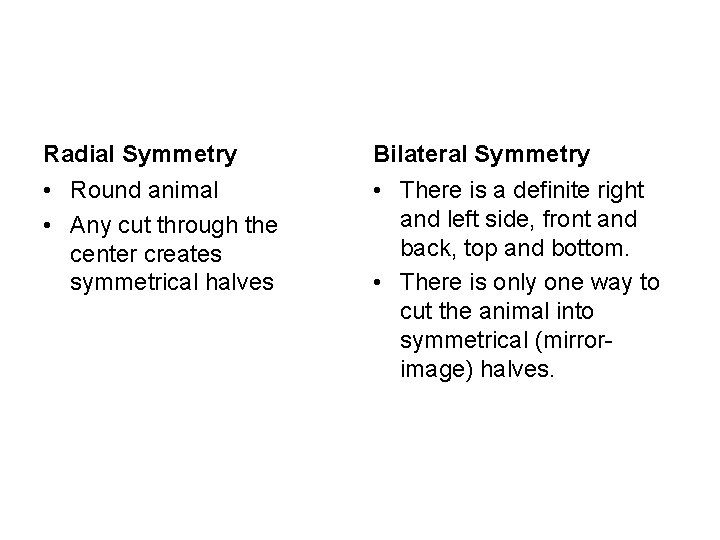 Radial Symmetry Bilateral Symmetry • Round animal • Any cut through the center creates