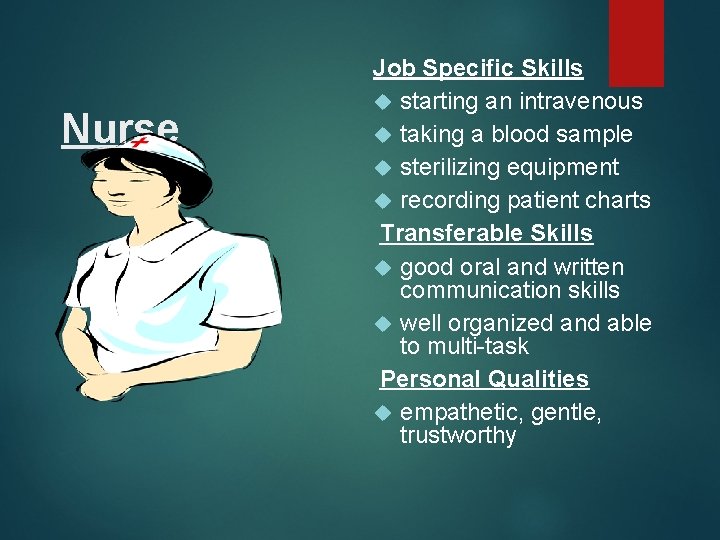Nurse Job Specific Skills starting an intravenous taking a blood sample sterilizing equipment recording