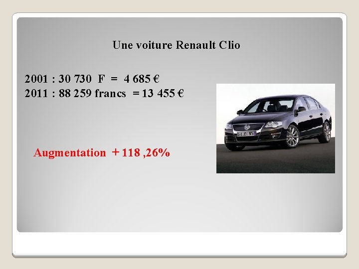 Une voiture Renault Clio 2001 : 30 730 F = 4 685 € 2011
