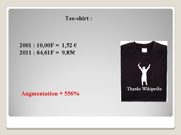 Tee-shirt : 2001 : 10, 00 F = 1, 52 € 2011 : 64,