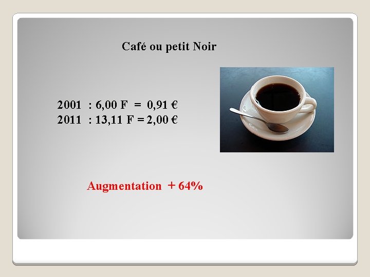 Café ou petit Noir 2001 : 6, 00 F = 0, 91 € 2011
