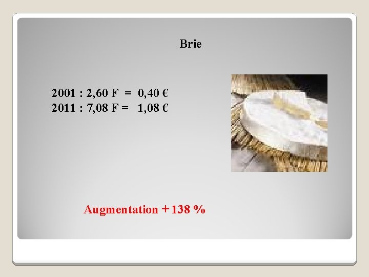 Brie 2001 : 2, 60 F = 0, 40 € 2011 : 7, 08