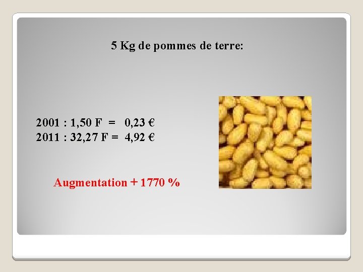 5 Kg de pommes de terre: 2001 : 1, 50 F = 0, 23
