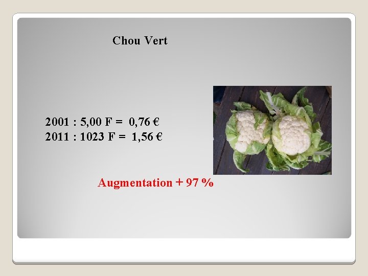 Chou Vert 2001 : 5, 00 F = 0, 76 € 2011 : 1023