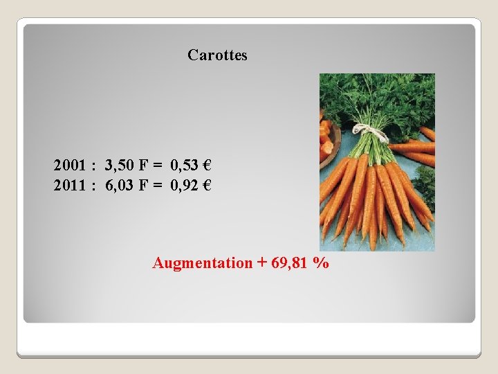 Carottes 2001 : 3, 50 F = 0, 53 € 2011 : 6, 03