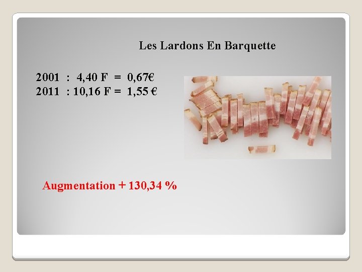 Les Lardons En Barquette 2001 : 4, 40 F = 0, 67€ 2011 :