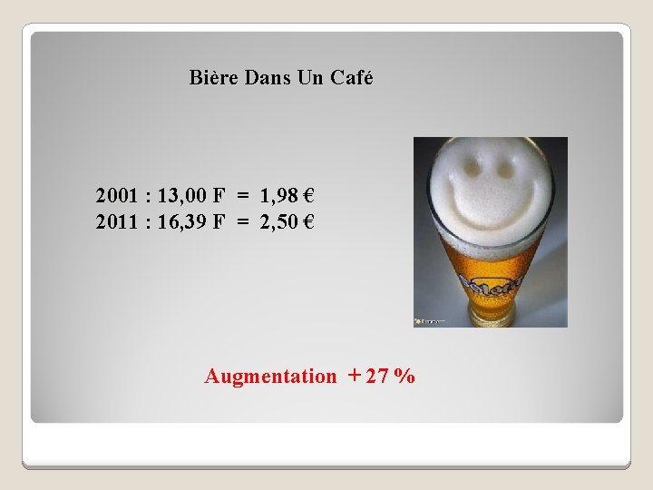 Bière Dans Un Café 2001 : 13, 00 F 2011 : 16, 39 F