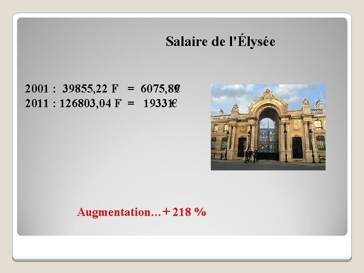 Salaire de l'Élysée 2001 : 39855, 22 F = 6075, 89€ 2011 : 126803,