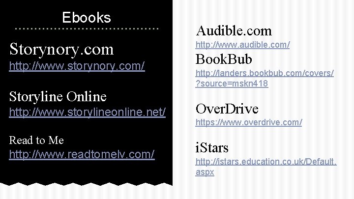 Ebooks Storynory. com http: //www. storynory. com/ Storyline Online Audible. com http: //www. audible.