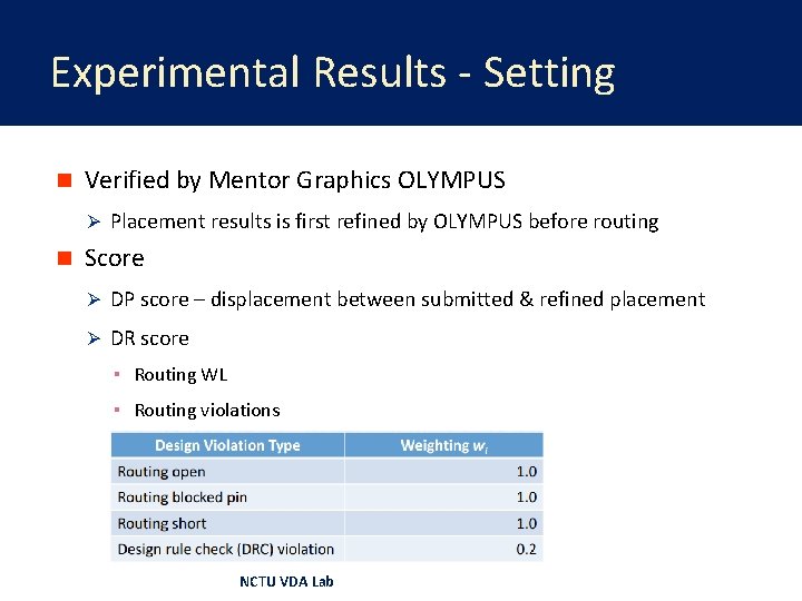 Experimental Results - Setting n Verified by Mentor Graphics OLYMPUS Ø Placement results is
