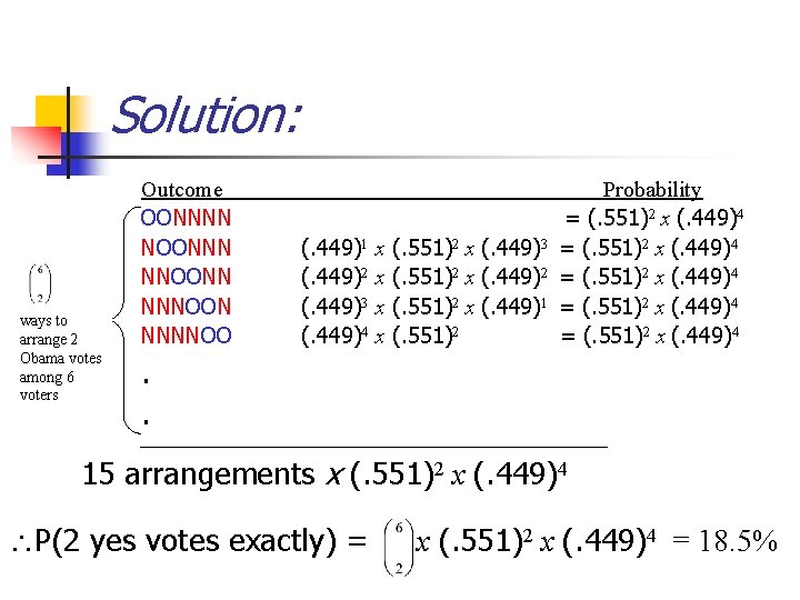 Solution: ways to arrange 2 Obama votes among 6 voters Outcome OONNNN NOONNN NNOONN